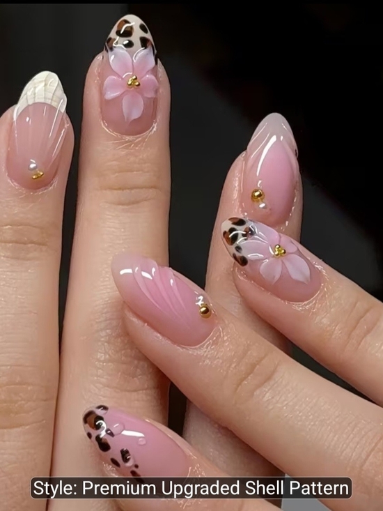 Other - Pink Floral Leopard Accent Press-On Nails - Women Makeup